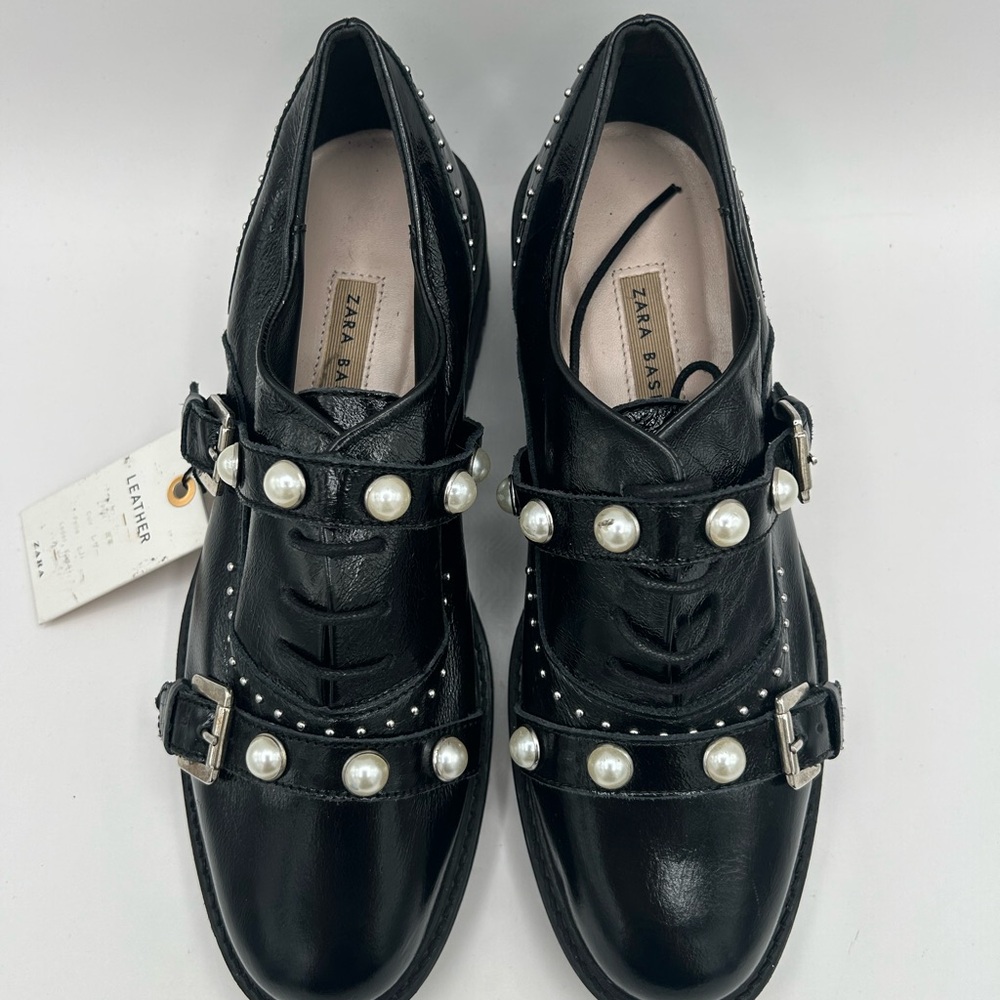 Zara Women’s Patent Leather Studded Pearl Oxford Loafer Shoe Size 36 ( USA 6 ) - Picture 7 of 11